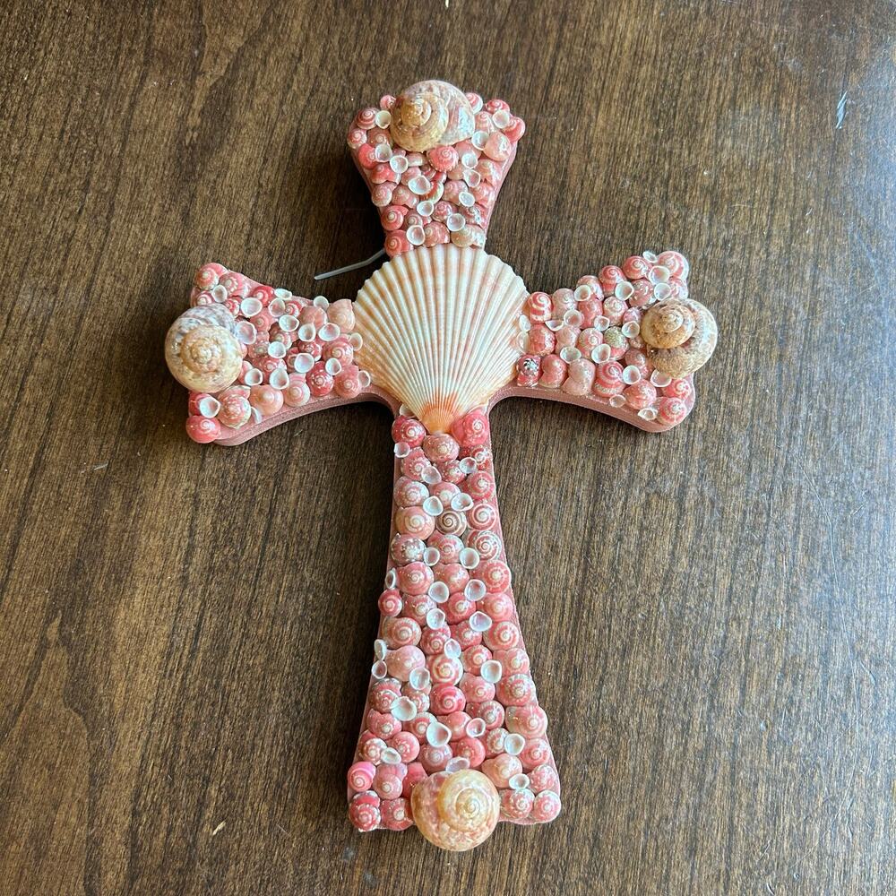 Handmade pink seashell  encrusted Cross crucifix beach house decor